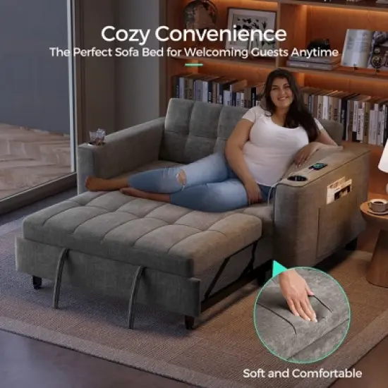 3-in-1 Convertible Sofa Bed, 54" Pull Out Sleeper Sofa with Charging Station & Cup Holder image {6}