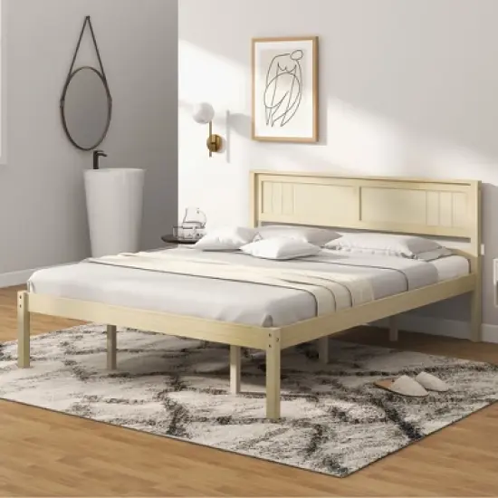 Costway Full/Queen/Twin Size Wooden Platform Bed Frame with Headboard Mattress Foundation Natural image {10}
