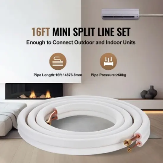 VEVOR 16FT Mini Split Line Set, 1/4" & 1/2" O.D Copper Pipes Tubing and Triple-Layer Insulation,for Air Conditioning or Heating Pump Equipment,White image {2}