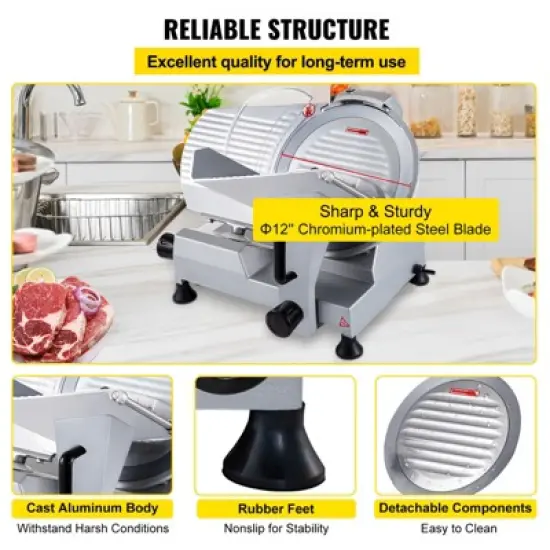 VEVOR Commercial Meat Slicer, 320W Electric Deli Food Slicer, 12 inch Carbon Steel Blade Electric Food Slicer, 350-400RPM Meat Slicer, 0-0.6 inch image {5}