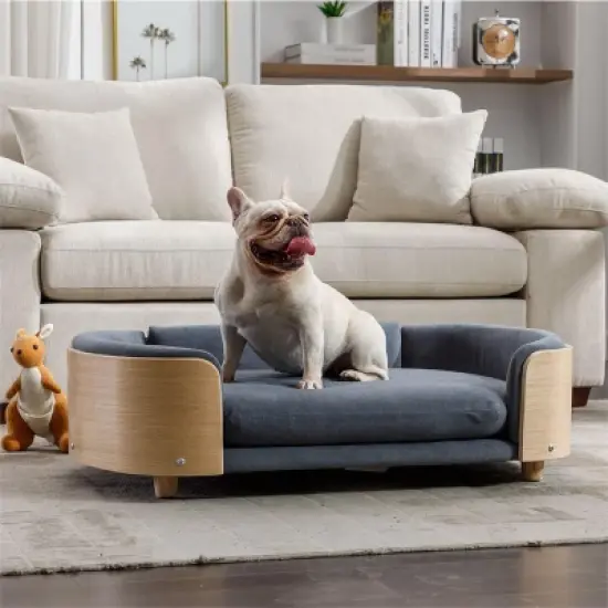 Bulldog Large Dog Beds With Removable Washable Cover, Velvet Cushion With Solid Wood legs and Bent Wood Back-The Pop Home image {9}