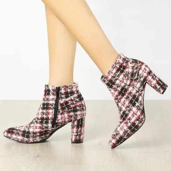 Allegra K Women's Plaid Pointed Toe Chunky Heels Ankle Boots image {1}