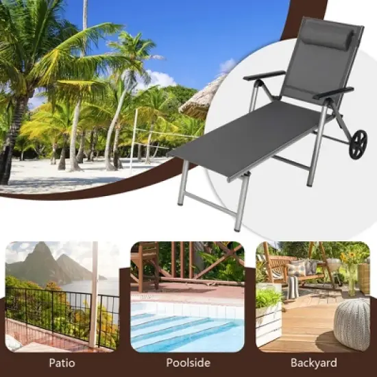 Costway 1PC\2 PCS Folding Chaise Lounge Chair Aluminum Recliner Back Adjust Wheels image {6}
