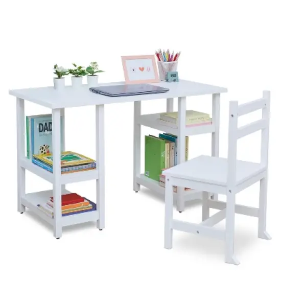 Fantasy Fields -  Kids wooden Desk & Chairs set with shelves on the side  - White image {11}