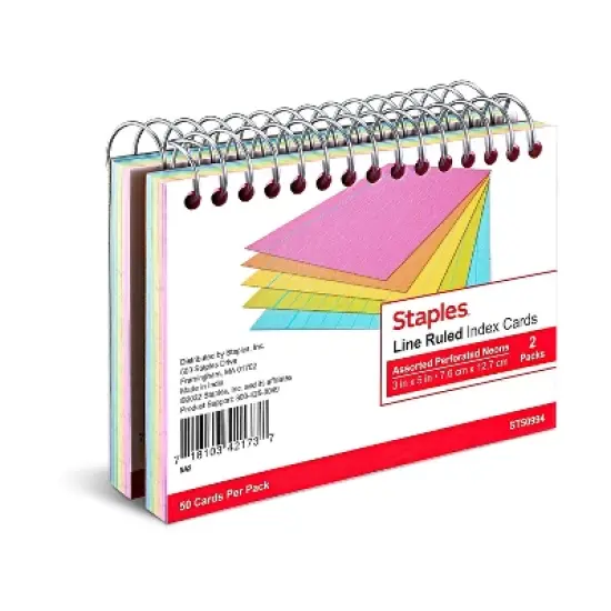 Staples 3" x 5" Line Ruled Assorted Neon Spiral-Bound Index Cards 2/PK (50994) TR50994 image {5}