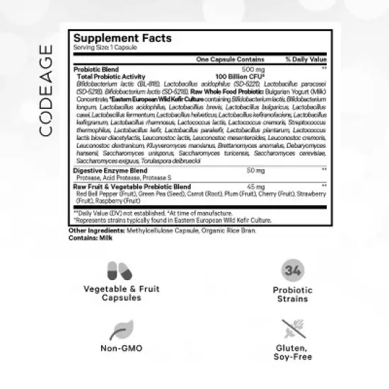 Codeage Raw Probiotic100 Billion CFU, Digestive Enzymes, Raw Fruits & Vegetable Prebiotics Supplement - 30ct image {2}