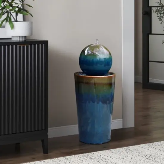LuxenHome 30" Ceramic Outdoor Water Fountain, Glazed Blue Bubbling Sphere Garden Water Fountain Outdoor and Indoor image {6}