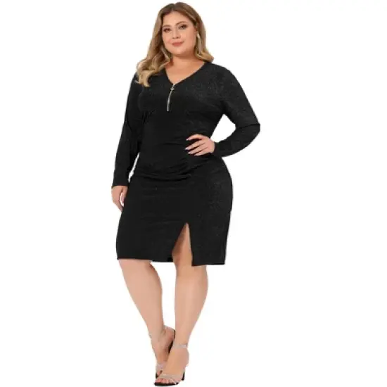 Agnes Orinda Women's Plus Size Long Sleeve V Neck Zipper Split Hem Sequin Ruched Pencil Bodycon Dress image {2}