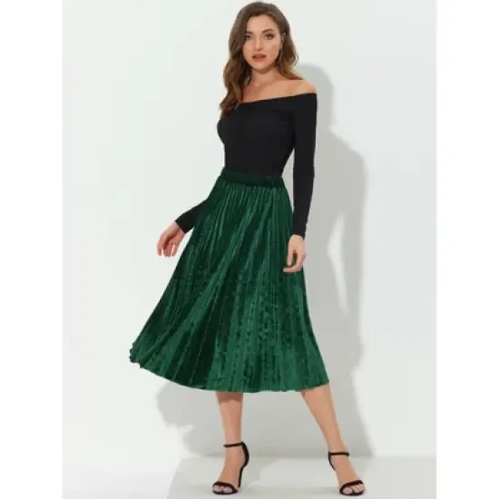 Allegra K Women's High Elastic Waist Velvet Pleated Swing Midi Skirt image {2}