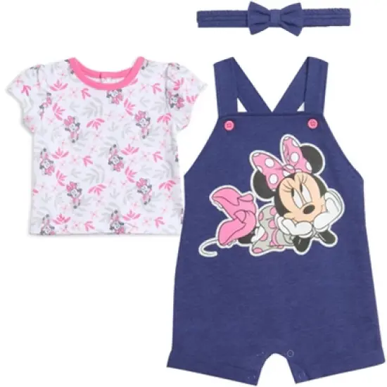 Disney Minnie Mouse Baby Girls French Terry Short Overalls T-Shirt and Headband 3 Piece Outfit Set Newborn to Toddler image {8}