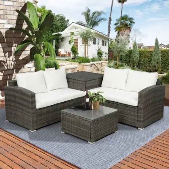 4pc Wicker Patio Conversation Set with Cushions - Gray/Beige - GODEER image {2}