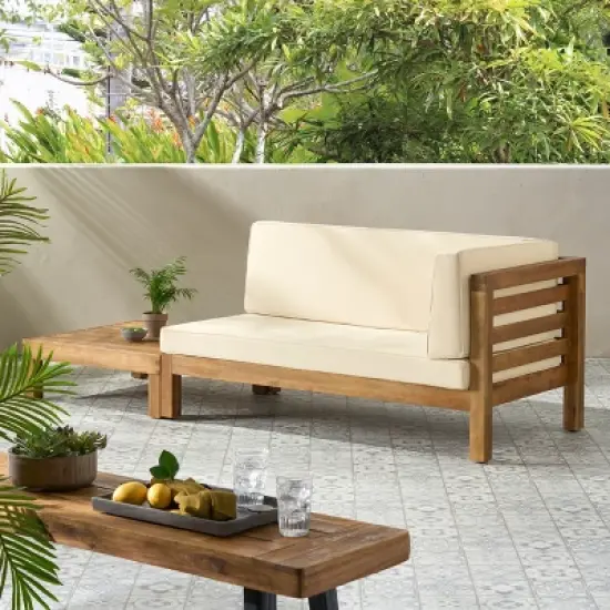 Christopher Knight Home Oana Outdoor Acacia Wood Right Arm Loveseat and Coffee Table Set with Cushion image {1}