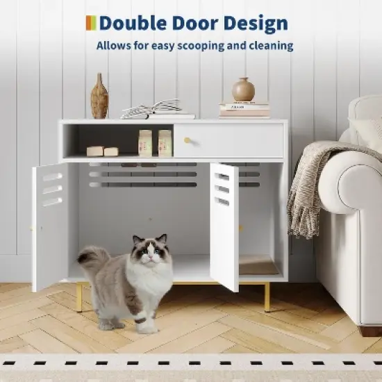 Cat Litter Box Enclosure, Wooden Cat Washroom Furniture with Barn Door, Hidden Litter Box Cover, Dog Proof Feline Litter Boxes, Kitty House, White image {7}