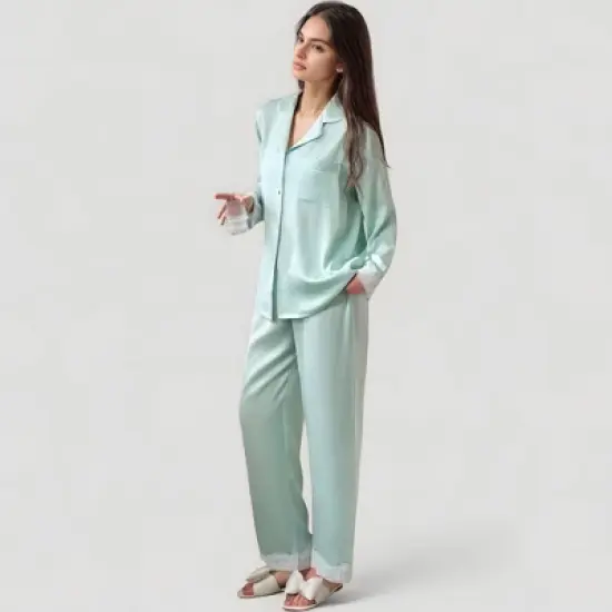 Anna-Kaci Lounge Women's Satin Long Sleeve Button Down Pajama Set with Chest Pocket and Lace Trim Hem Details image {1}