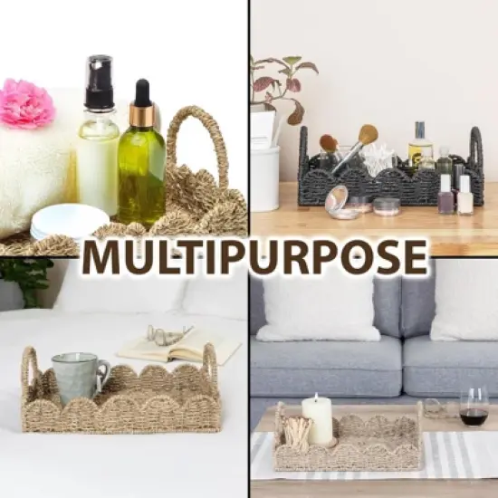 BRINJOY 14" Woven Seagrass Tray with Scalloped Edge - Bohemian Decorative Tray with Handles for Coffee Table Ottoman Festive Decor, Black image {4}