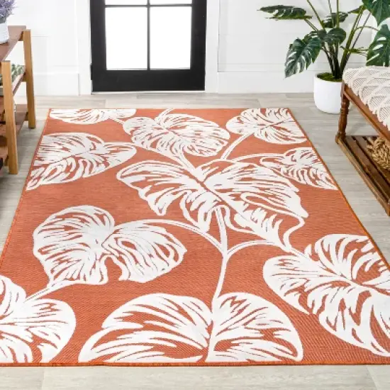 JONATHAN Y Tobago High-Low Two-Tone Monstera Leaf Floral Indoor/Outdoor Area Rug  image {3}