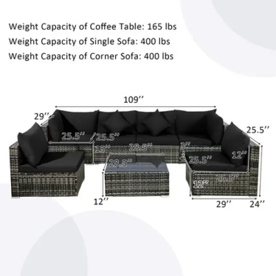 Costway 7PCS Patio Rattan Furniture Set Sectional Sofa Garden Black Cushion image {3}