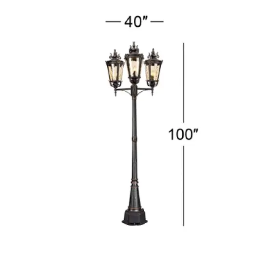 John Timberland Mediterranean Outdoor Post Light Street Lantern 3 Light Veranda Bronze 100" Clear Hammered Glass for Exterior Yard image {4}