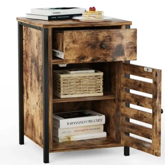 Costway 2PCS Nightstand W/ Drawer Cabinet Adjustable Shelf Industrial Side Table Rustic image {9}