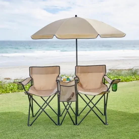 BrylaneHome Twin Folding Picnic Chairs With Umbrella & Cooler image {2}