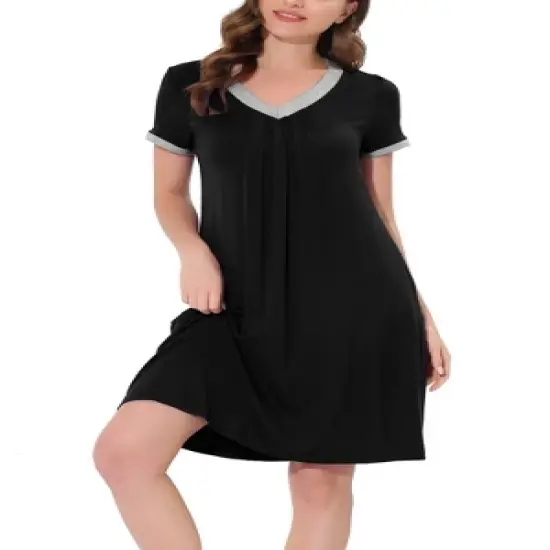 cheibear Womens Sleepwear Lounge Dress V-Neck with Pockets Soft Nightshirt Pajama Nightgown image {1}