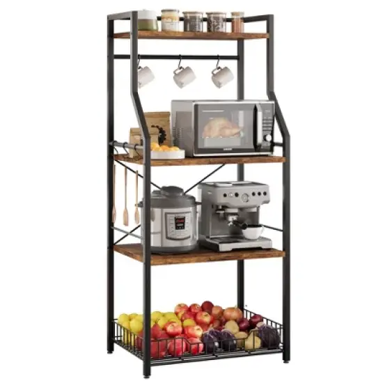 Bakers Rack, Microwave Oven Stand with Large Wire Basket, 4-Tier Kitchen Utility Storage Shelf with 8 Hooks for Spice, Pots Organizer image {8}