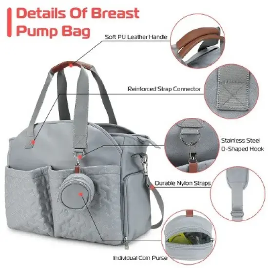 Racxily Breast Pump Bag Diaper Tote Bag with Detachable Shoulder Strap Side Pocket Free Baby Bibs Compatible image {3}