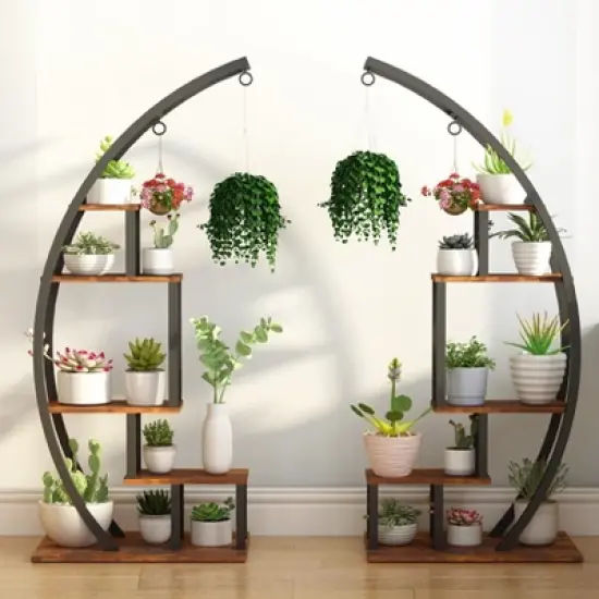 5 Tier Tall Metal Indoor Plant Stand, Half Moon Shape Garden Plant Holder, Round Flower Shelf Rack with 4 Hanging Hooks for Home image {8}