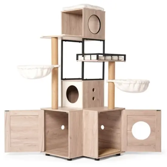SEVOBAL Pet Tower All-in-One Cat Tree with Litter Box Enclosure, Featuring Hammock, Bed, Food Station, Scratching Posts, Beige, 29.13"*22.83"*9.25" image {5}