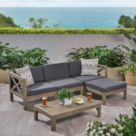 Sapphtopaz 5-Piece Outdoor Patio Sofa Set, Wood Outdoor Sofa with Cushions, L-Shape Modular Sofa, 3-Seater Sectional Sofa with Ottoman & Coffee Table image {9}