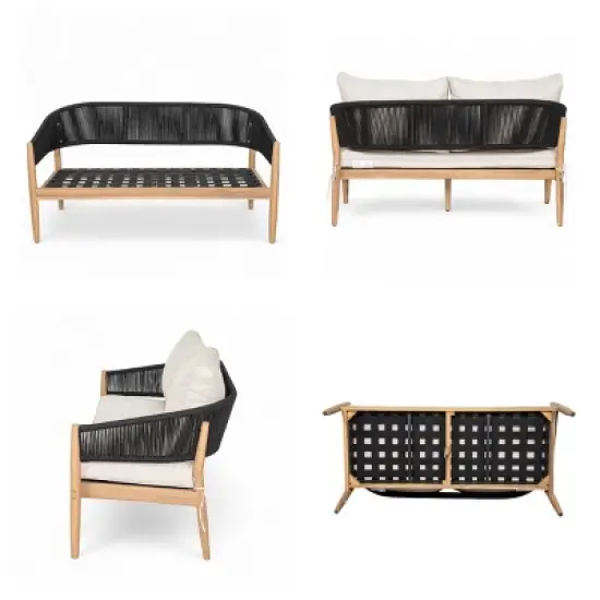 Outdoor Acacia Wood Loveseat,Modern Patio Rope Weave Loveseat with Wood Frame,Lounge Loveseat with Cushion for Garden or Deck-Coolbibila image {5}