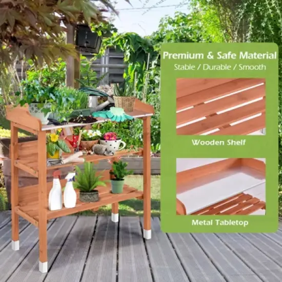 Tangkula Garden Wooden Potting Bench Work Station Table Tool W/5 Hooks Non-Slip Potting Tables Storage Shelf with protective footpads image {7}