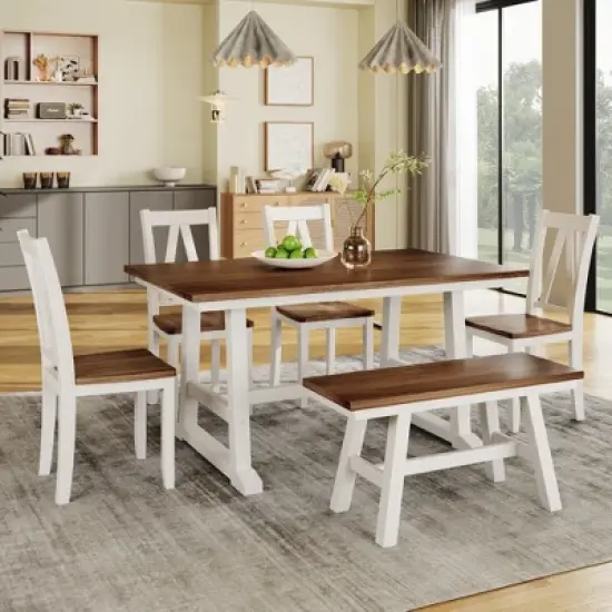 Farmhouse 6-Piece Wood Dining Table Set with Long Bench and 4 Dining Chairs-ModernLuxe image {12}