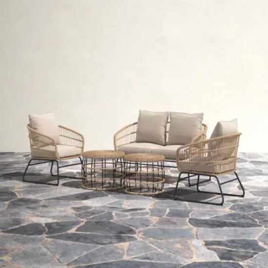 Barton 5PCS Outdoor Patio Sets Rattan Chairs with 2-Side-Table Sofa Cushion Seating (Beige) image {1}