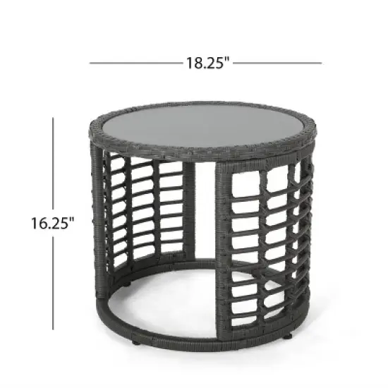 GDFStudio Achill Circular Outdoor Wicker and Tempered Glass Side Table image {2}