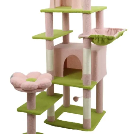SEVOBAL Pet Tower Floral Cat Tree with Spacious Condo and Hammock, Multi-Level Playground for All Age Cats Playing, Sleeping, Pink, 20"*20"*14.4" image {4}