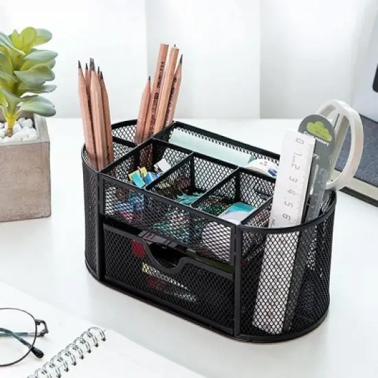 Aghana Digitals 8-Compartment Metal Mesh Desk Organizer with Drawer - Black Stationery Holder image {7}