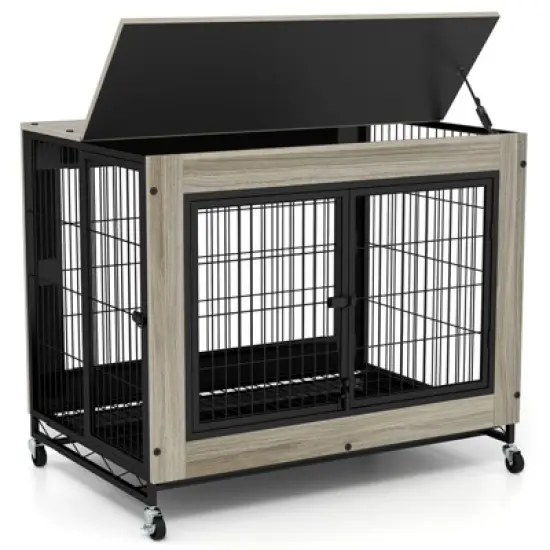Tangkula Dog Crate Furniture Industrial Dog Kennel w/ Flip-up Top Decorative Pet House image {9}