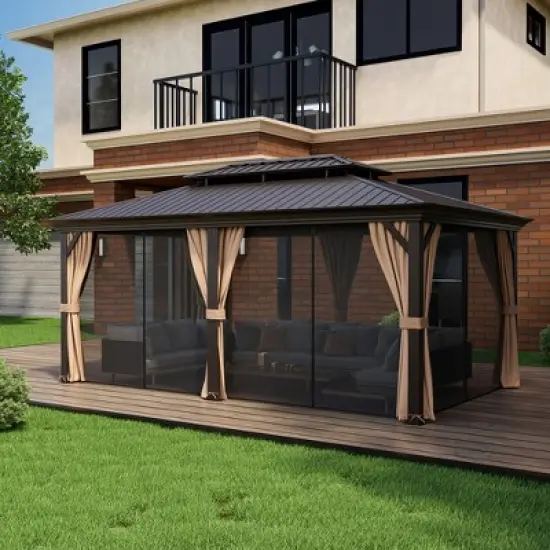Tangkula 12' x 20' Double-Roof Hardtop Gazebo w/ Galvanized Steel Roof Netting Curtains image {2}