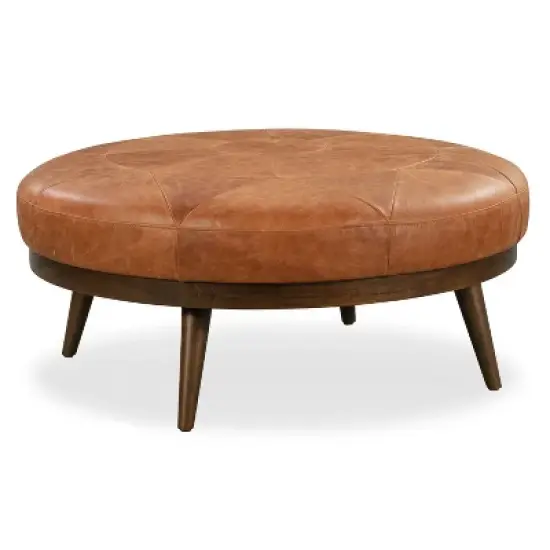 Poly & Bark Gio Italian Leather Ottoman Cognac Tan: Upholstered Padded Seat, Wood Frame, Oval Shape, 17" Height image {4}