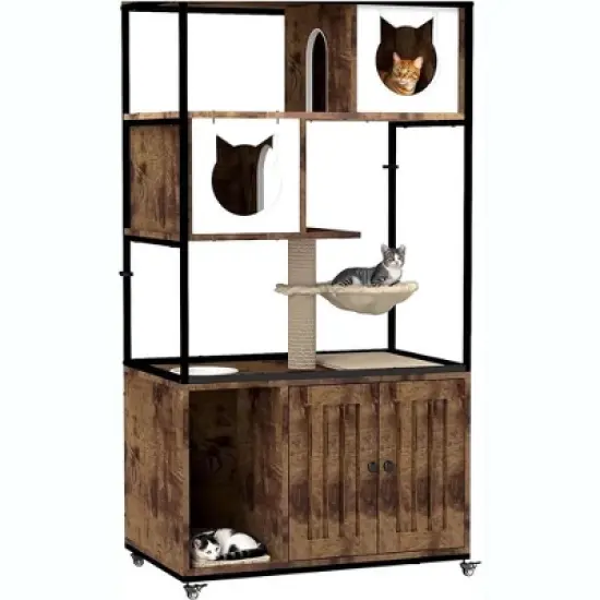 Litter Box Cabinet, Cat Tree with Litter Box Enclosure, Wooden Metal Frame Hidden Cat Washroom on Wheels with Hammock, Scratching Mat & Post image {7}