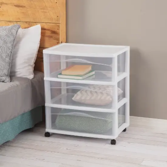 3 Drawer Wide Cart White - Brightroom&trade;: Plastic Storage Drawers, Utility Cart with Casters, Portable Universal Storage image {4}