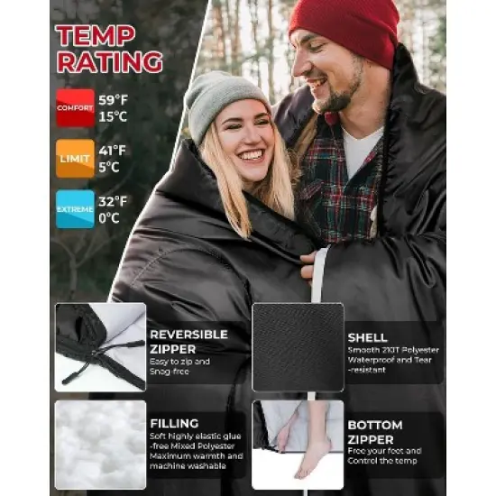 Ohuhu Double Sleeping Bag for Adults with 2 Pillows, Queen Size Two Person Sleeping Bag for Camping image {3}