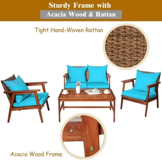 Costway 4PCS Patio Rattan Furniture Set Acacia Wood Frame Cushioned Sofa Chair Turquoise image {2}