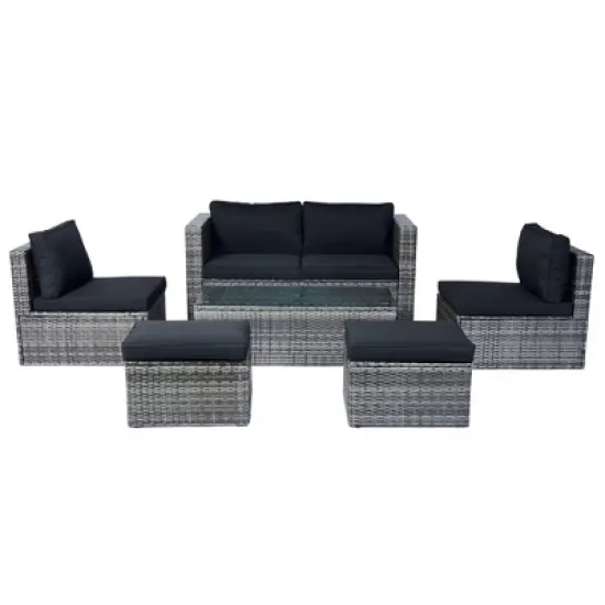 Rbied 6-Piece Wicker Outdoor Sofa Sectional Set Conversation Set with Black Cushions, Smart Storage Design image {15}