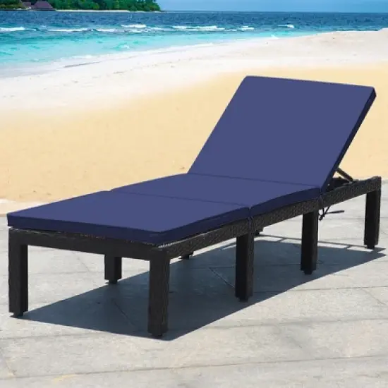 Tangkula Patio Lounge Chair Rattan Chaise w/ Adjustable Navy/Red & Off White Cushioned image {1}