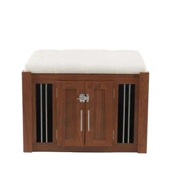 2 in 1 Dog Crate Wooden Dog Kennel Pet Crate House with Padded Seat, Ottoman with Removable Cushion, Walnut - ModernLuxe image {6}