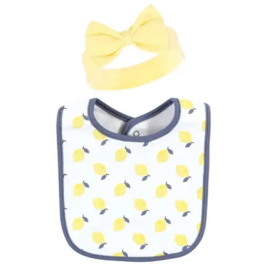 Hudson Baby Infant Girl Cotton Bib and Headband or Caps Set, Navy Lemon, One Size image {3}