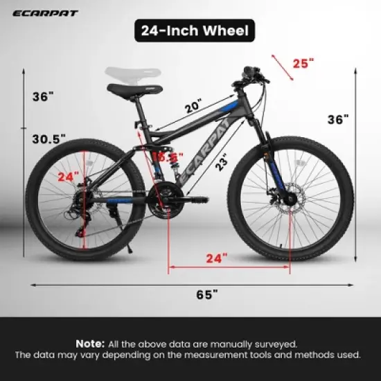 KTMBDW Mountain Bike, 24 inch Outdoor Hybrid Bikes,21-Speed/High-Carbon Steel/Dual Full Suspension, Adjustable Ergonomic Seat for Men Women image {5}