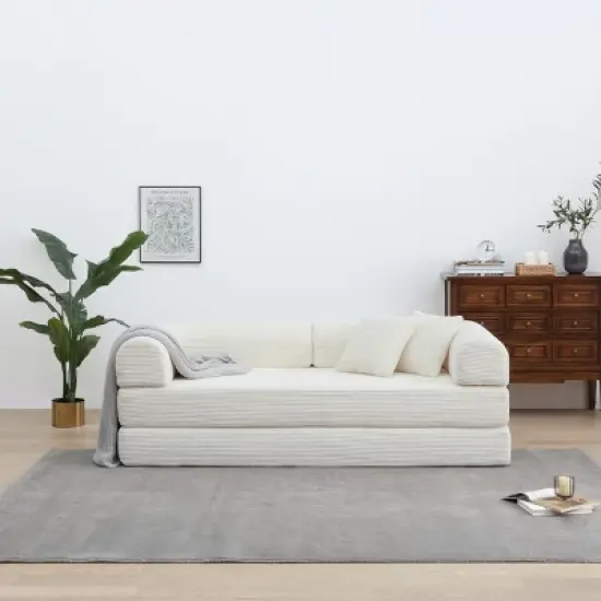 Convertible Sofa Couch with Cylindrical Pillows, Corduroy Folding Floor Sofa with Fixed-Shape Frame for Living Room-Maison Boucle image {15}